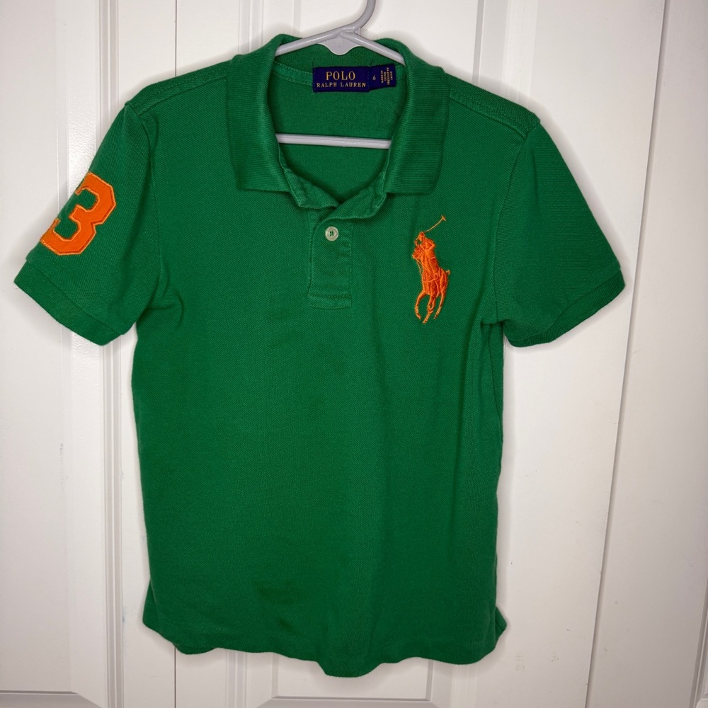 Polo Ralph Lauren Boys Size 6 Big Pony Polo Green Orange Mesh Cotton Toddler EUC